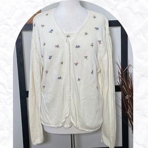 Embroidered Womens Ivory Floral Vintage Cardigan Long Sleeve V-Neck Size Large
